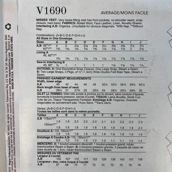 VOGUE PATTERNS V1690 Sewing Pattern All Sizes Cocoon Vest Oversized - New, Uncut - Picture 3 of 9